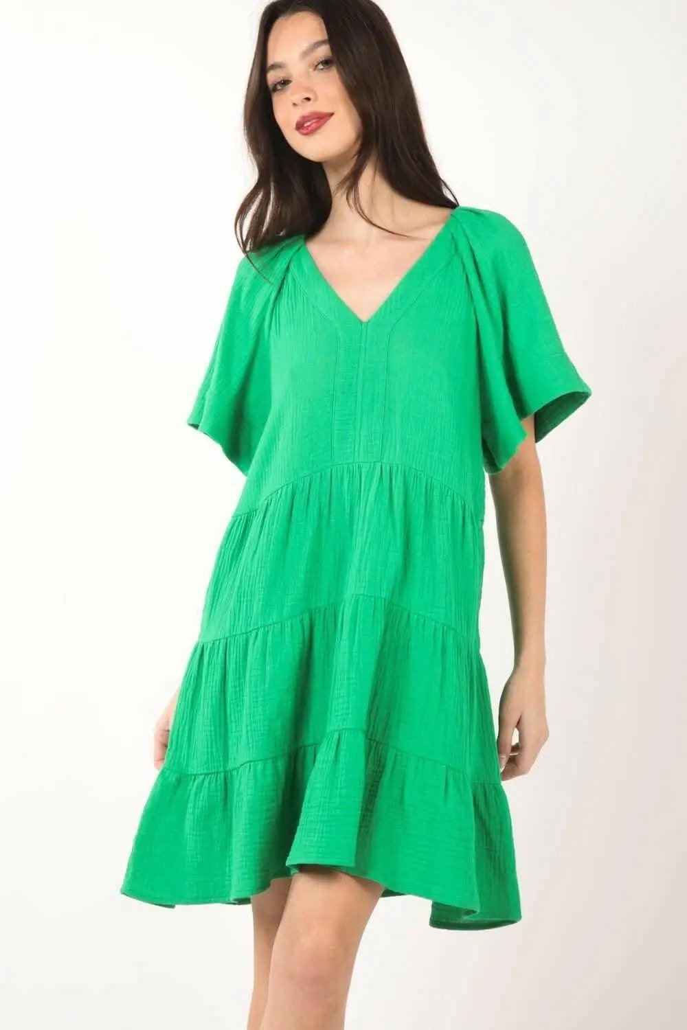 Tiered Elegance Ruffled Dress with Textured V-Neck - Love Salve